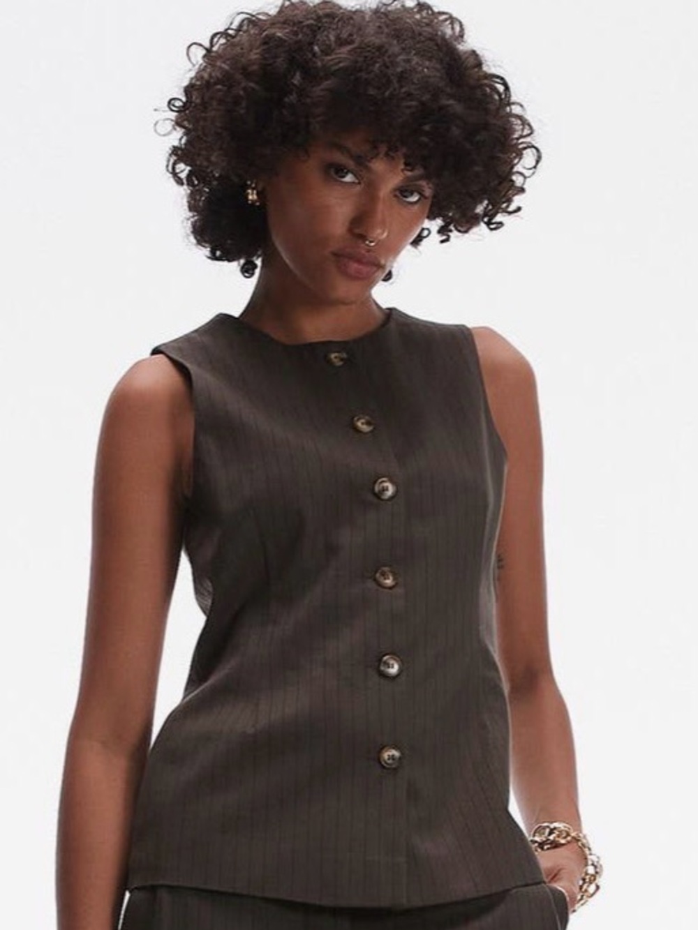 Topshop Dark Brown Pinstripe Sleeveless Button Front Top